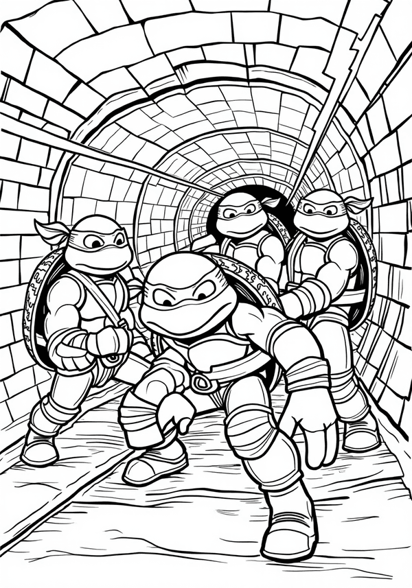 Ninja Turtles investigating a mysterious subway tunnel coloring page