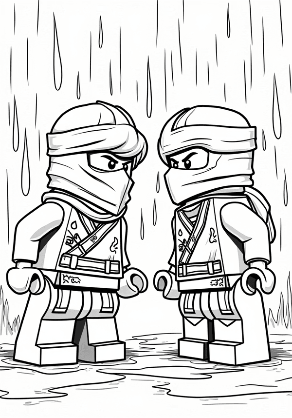 Lloyd and Garmadon facing off in the rain coloring page