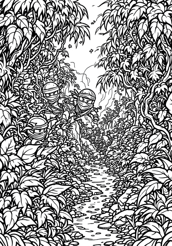 Ninjas escaping from a trap in the jungle coloring page