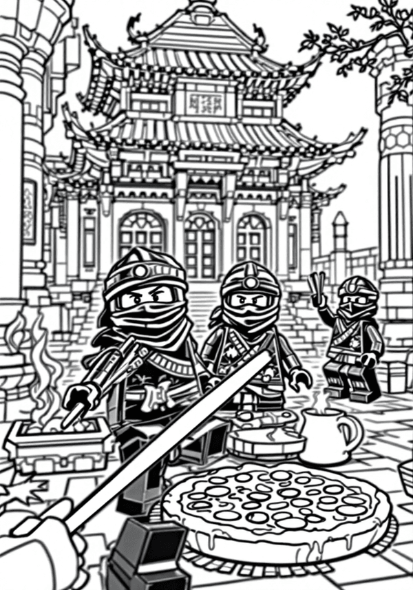 Ninjas having a pizza party in the temple coloring page