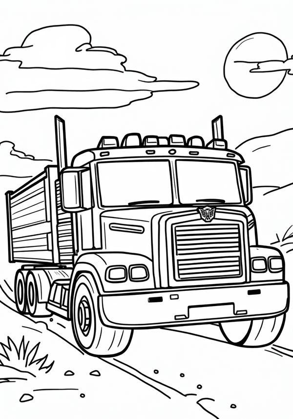 Optimus Prime driving through a desert coloring page