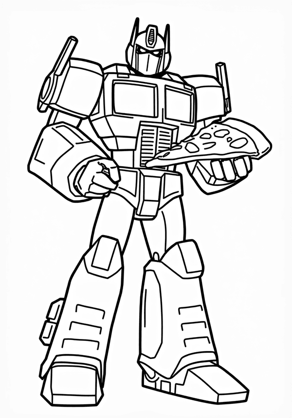 Optimus Prime eating a giant slice of pizza coloring page