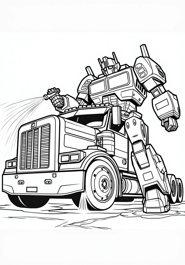 Optimus Prime washing his truck mode coloring page