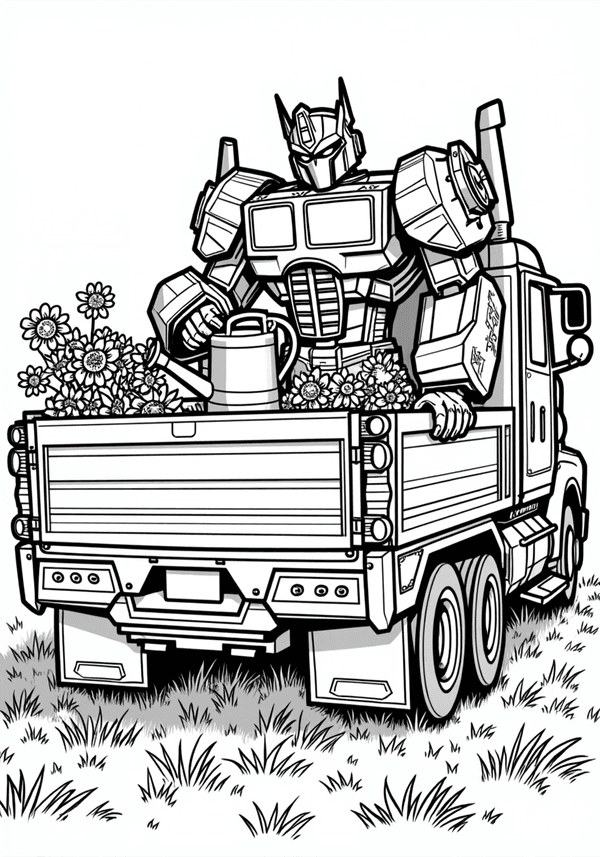 Optimus Prime watering flowers in his truck bed coloring page