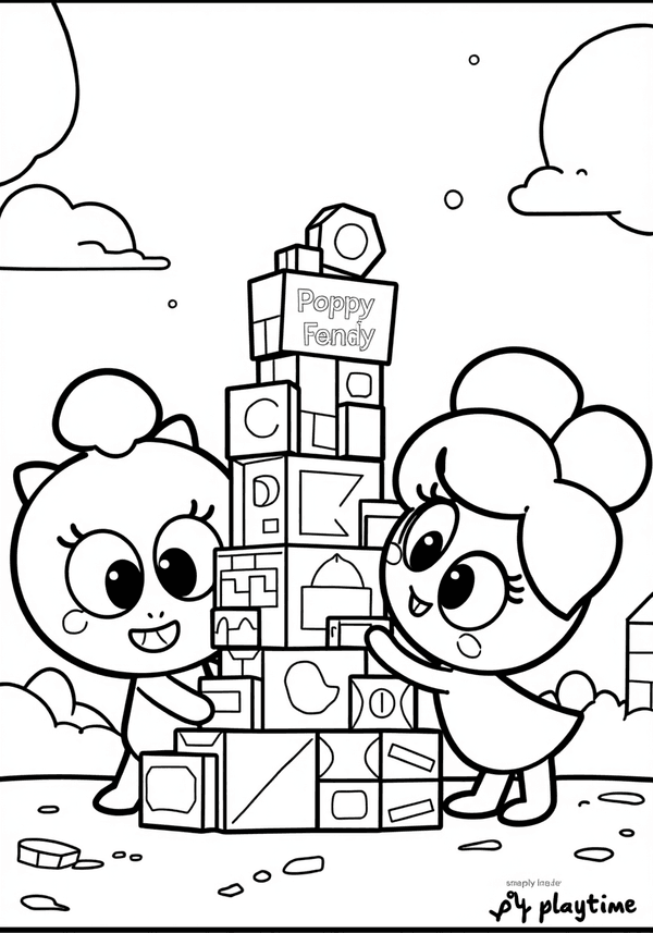 Huggy Wuggy and Kissy Missy building a toy tower coloring page