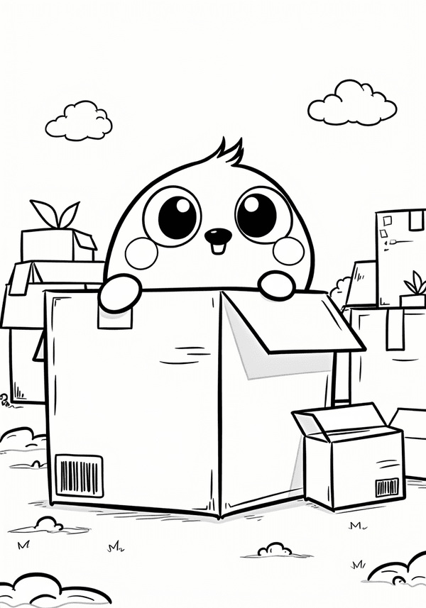 Huggy Wuggy hiding behind giant boxes coloring page