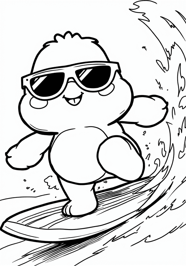 Huggy Wuggy wearing sunglasses and surfing coloring page