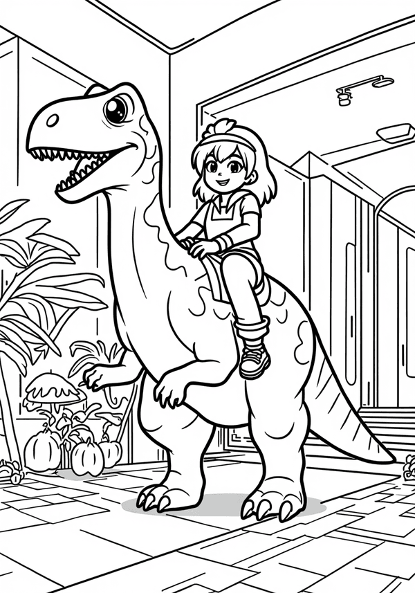 Player riding Bron the Dinosaur through the lobby coloring page