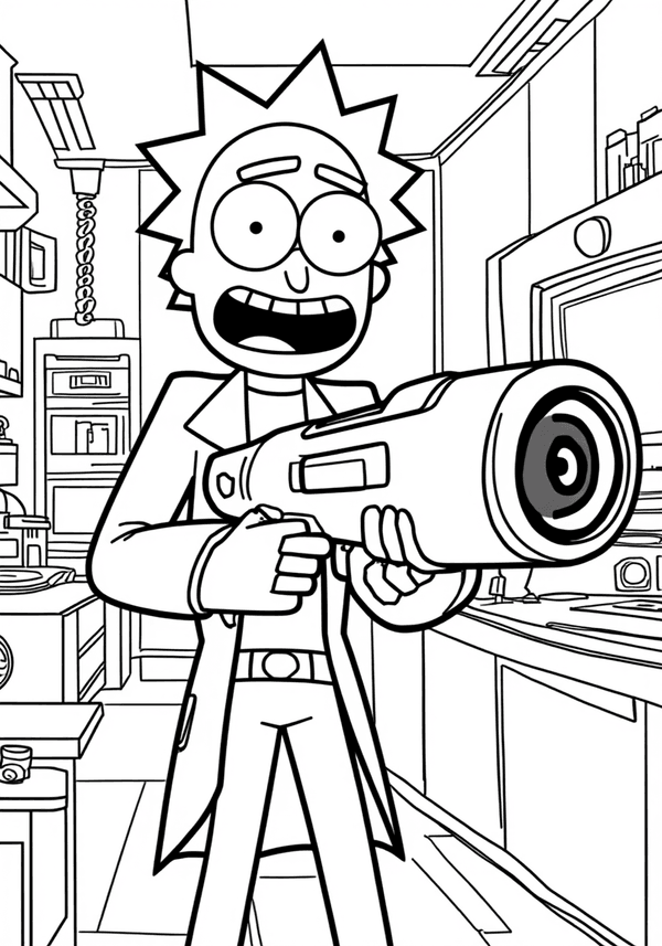 Morty holding a portal gun in the lab coloring page