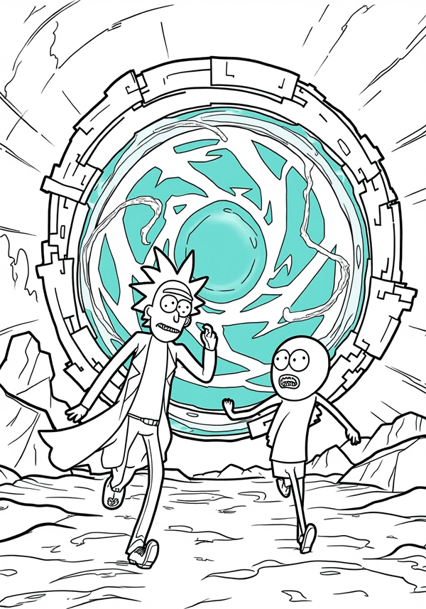 Rick and Morty escaping through a portal coloring page
