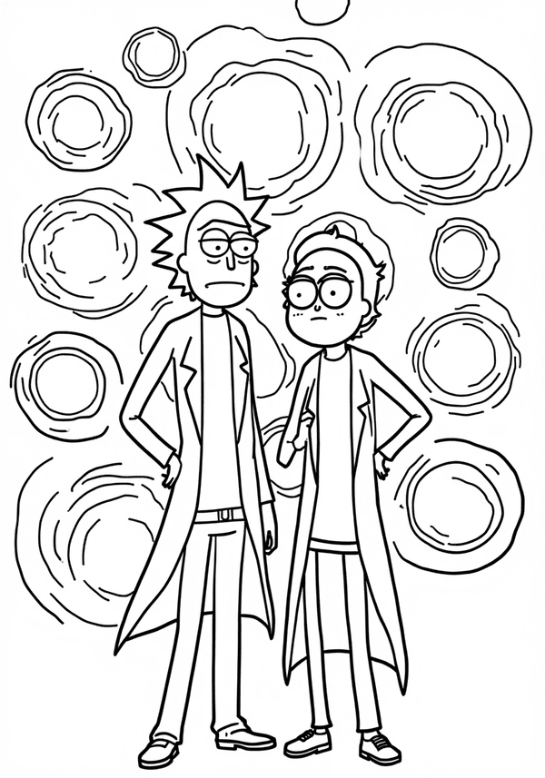 Rick and Morty lost in a maze of portals coloring page