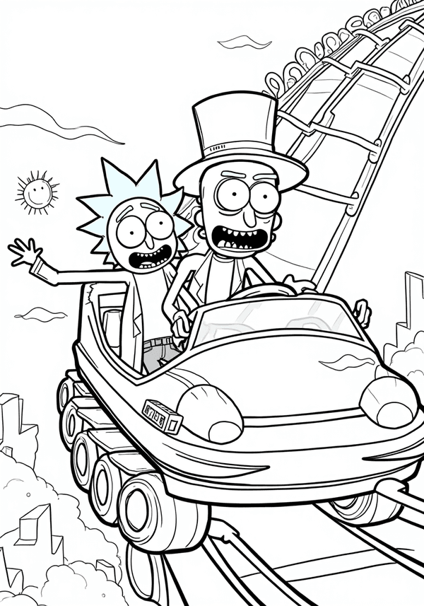 Rick and Morty riding a rollercoaster in Dimension C-137 coloring page