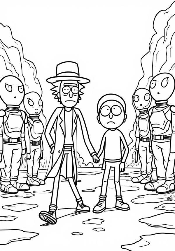 Rick and Morty sneaking past intergalactic guards coloring page