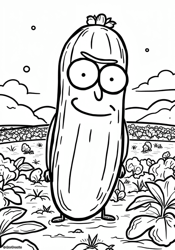 Rick as a giant pickle in a cucumber patch coloring page