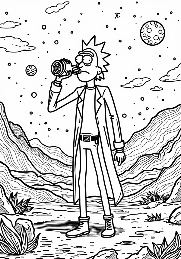 Rick drinking from a flask on the moon coloring page