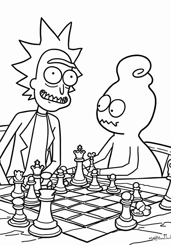 Rick playing chess with Mr. Poopybutthole coloring page