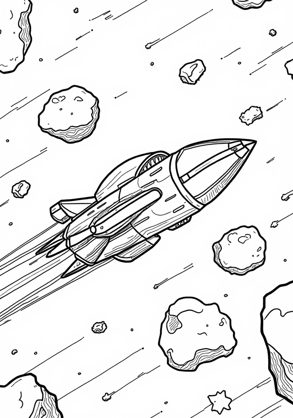 Summer piloting the spaceship through an asteroid field coloring page