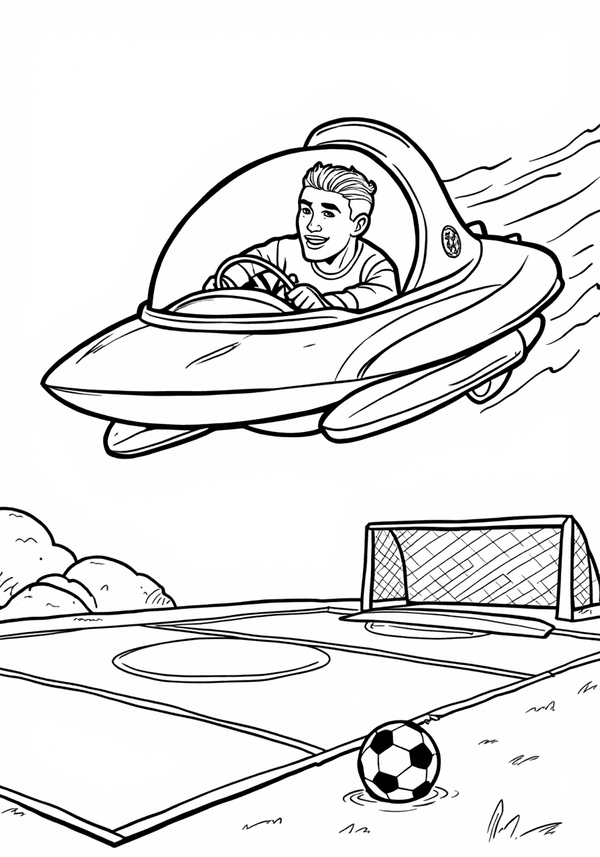 Ronaldo driving a spaceship to a soccer match coloring page