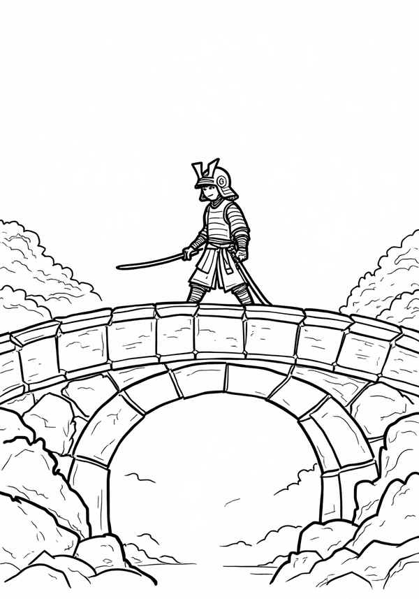 Samurai crossing an ancient stone bridge coloring page