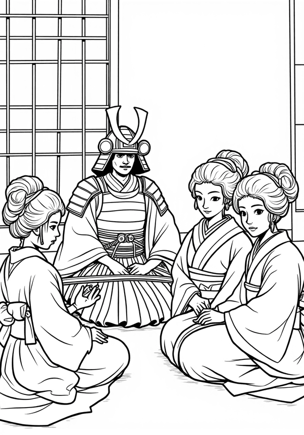 Samurai having a pajama party with geishas coloring page