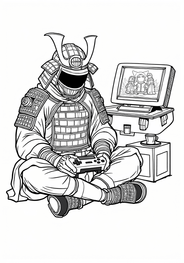 Samurai playing video games with ninja friends coloring page