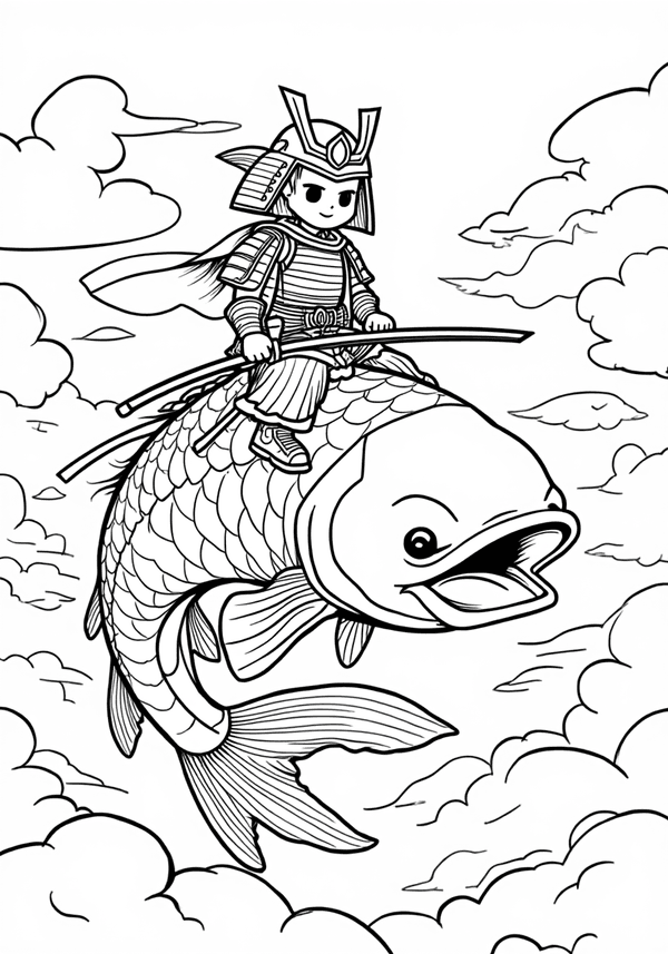 Samurai riding a giant carp through the clouds coloring page
