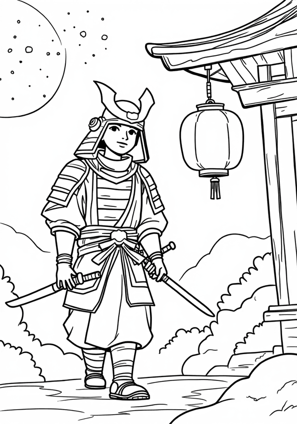Samurai walking peacefully under lanterns at night coloring page