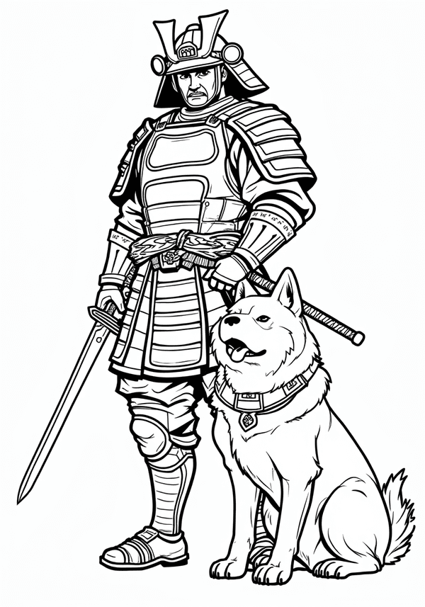 Samurai with loyal dog companion in armor coloring page