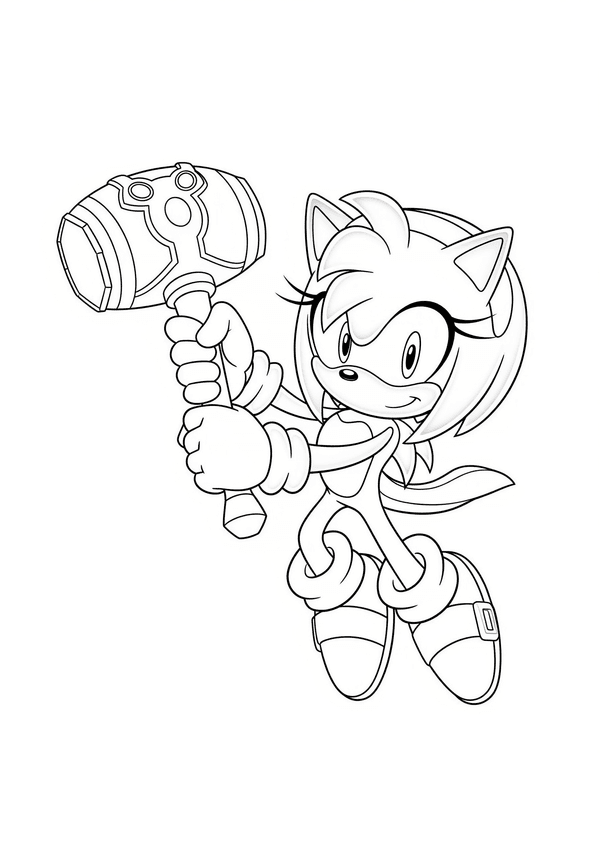 Amy Rose leaping her Piko Piko Hammer coloring page