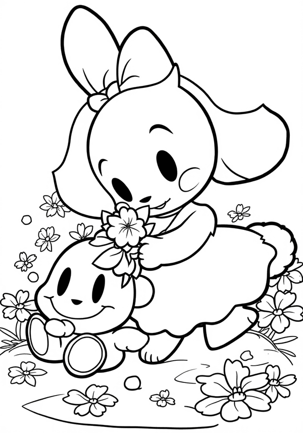 Cream and Cheese picking flowers coloring page