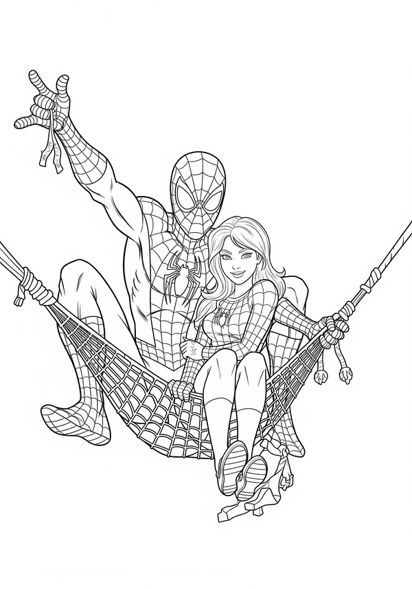 Spiderman and Mary Jane relaxing on a web hammock coloring page