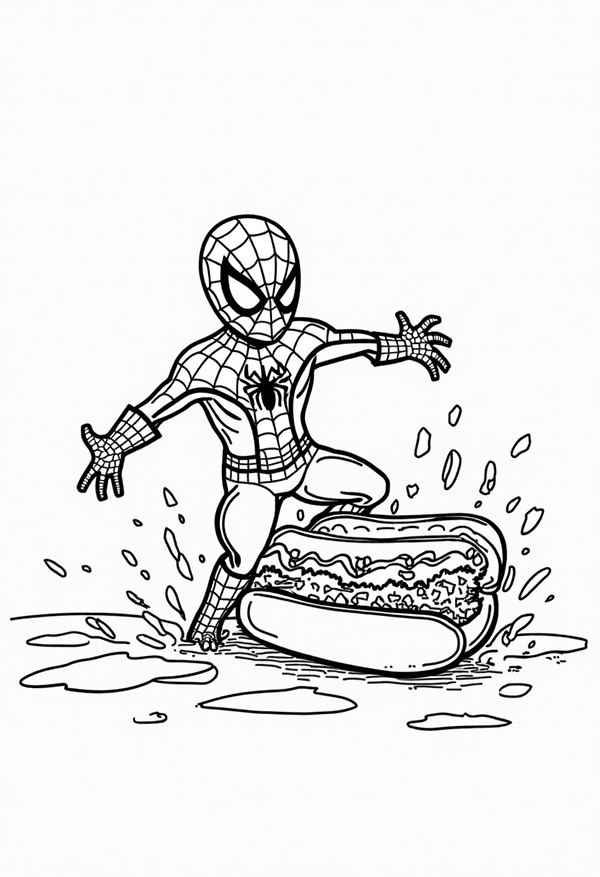 Spiderman crash landing on a hotdog stand coloring page