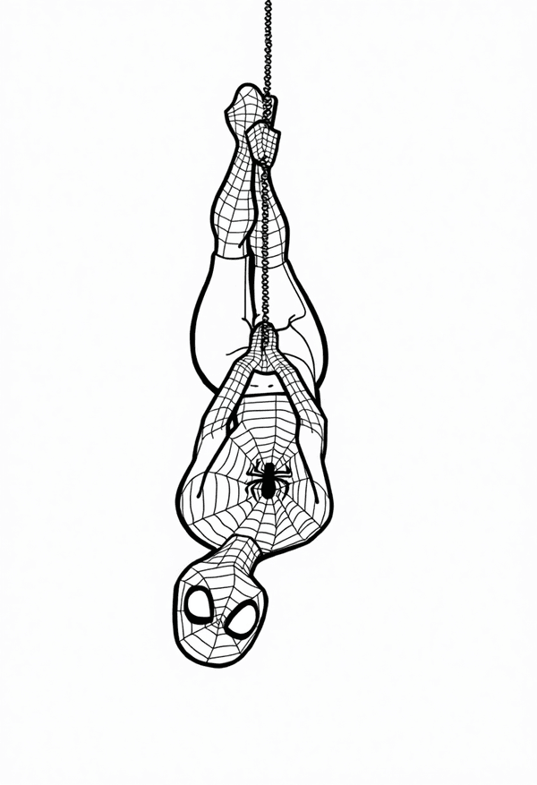 Spiderman hanging upside down reading a book coloring page
