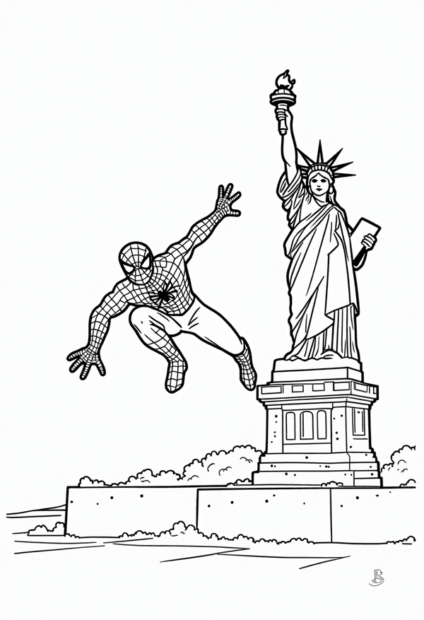 Spiderman leaping past the Statue of Liberty coloring page