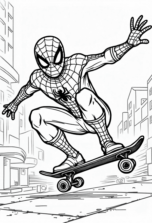Spiderman skateboarding down the sidewalk coloring page