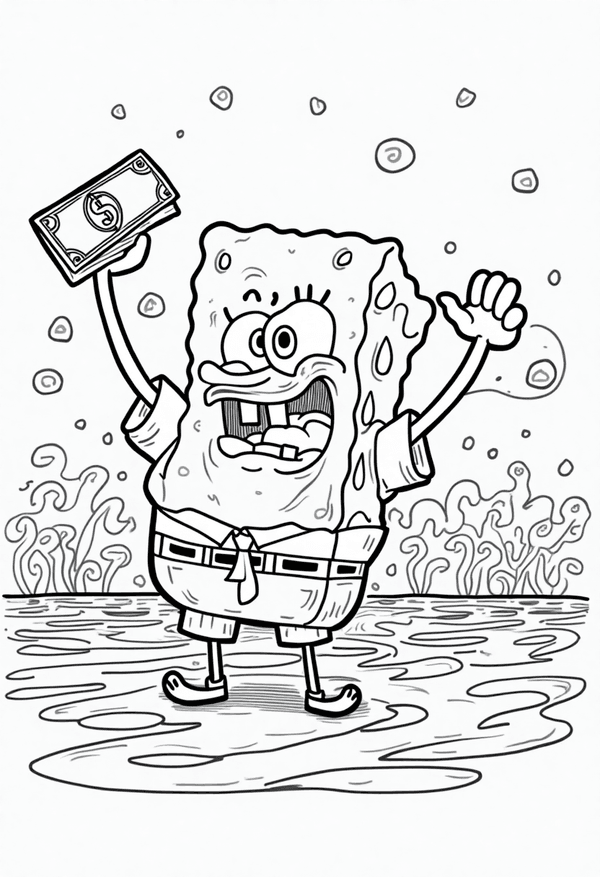 Mr. Krabs counting money behind the Krusty Krab coloring page