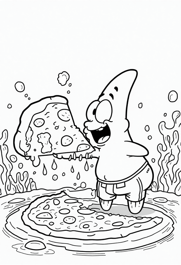 Patrick trying to eat a giant pizza underwater coloring page