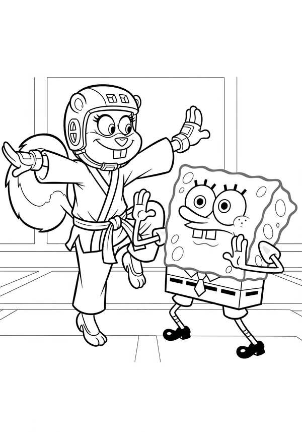 Sandy Cheeks practicing karate with Spongebob coloring page