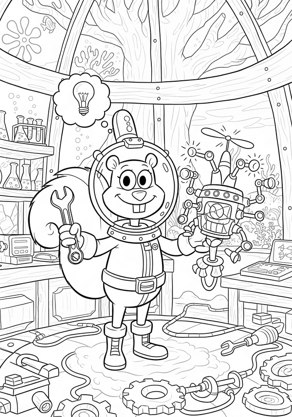 Sandy inventing a new gadget in her tree dome coloring page