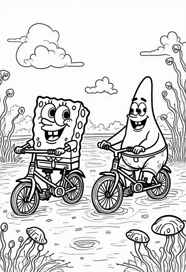 Spongebob and Patrick riding bikes on Jellyfish Fields coloring page