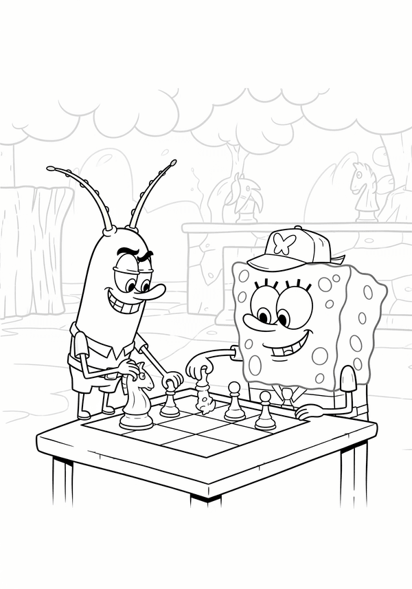 Spongebob and Plankton playing chess with Krabby Patties coloring page