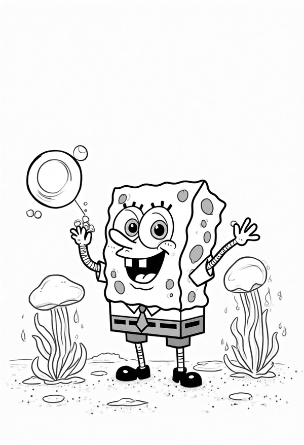 Spongebob blowing bubbles at Jellyfish Fields coloring page