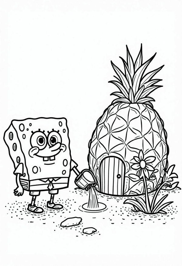 Spongebob watering flowers outside his pineapple house coloring page