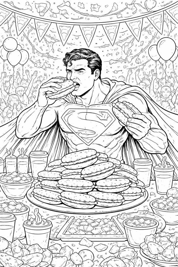 Superman competing in a hot dog eating contest coloring page