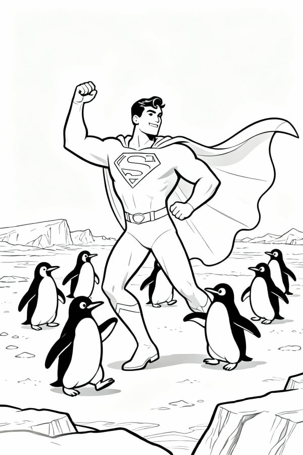 Superman dancing with penguins at the South Pole coloring page