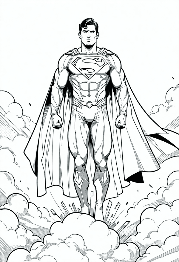 Superman defying gravity above the clouds coloring page