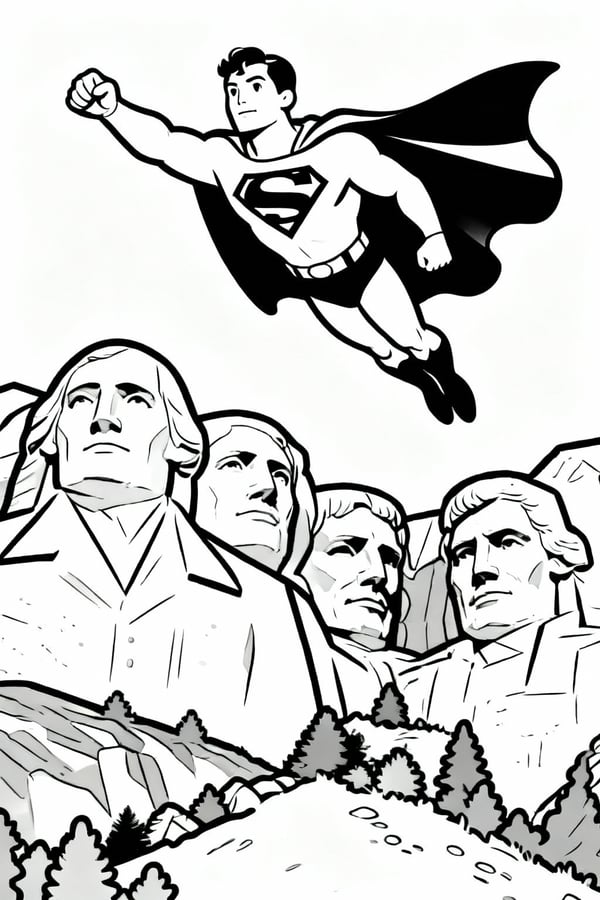 Superman flying past Mount Rushmore coloring page
