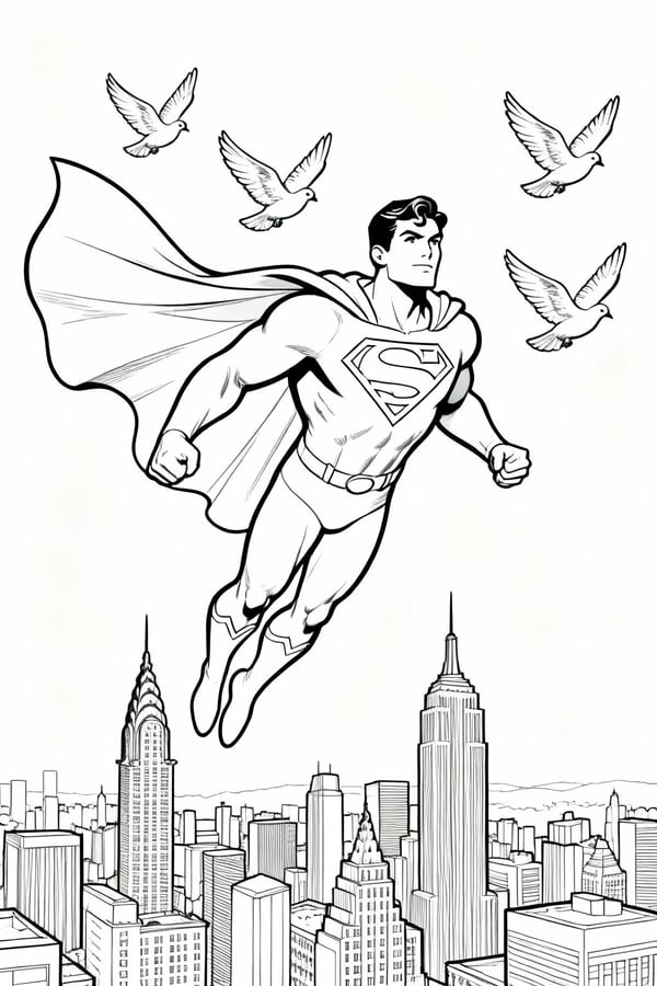 Superman flying with doves over Metropolis coloring page