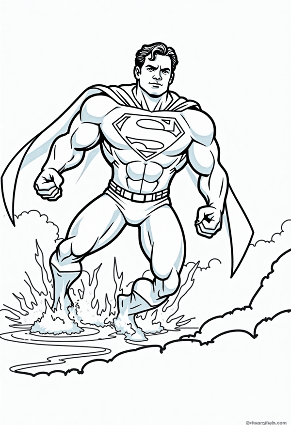 Superman freezing a river with ice breath coloring page