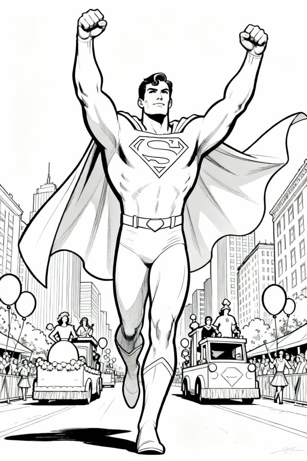 Superman guarding the city during a parade coloring page